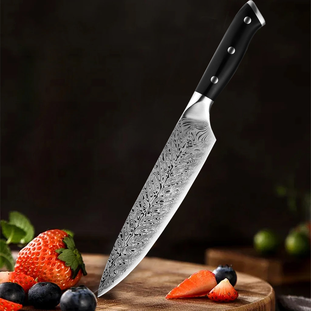 Wok Carbon Steel - ダマスカス模様のキッチンナイフ、黒色の滑り止めリベットハンドル、鋭利な多機能シェフナイフ、私のプロの料理用に。