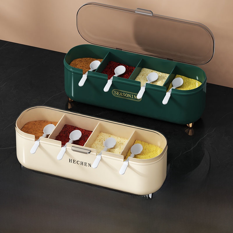 Home Cooking Utensils - キッチン調味料ボックスセット多グリッド一体型収納塩調味料4グリッド収納ボックス家庭用調理器具プラスチック製