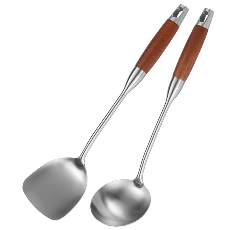 Wok Carbon Steel - M12K-炭素鋼用ステンレス鋼製スパチュラ、ステンレス鋼製中華鍋用スパチュラ、金属製中華鍋ツールセット、木製ハンドル付きスープレードル再利用可能