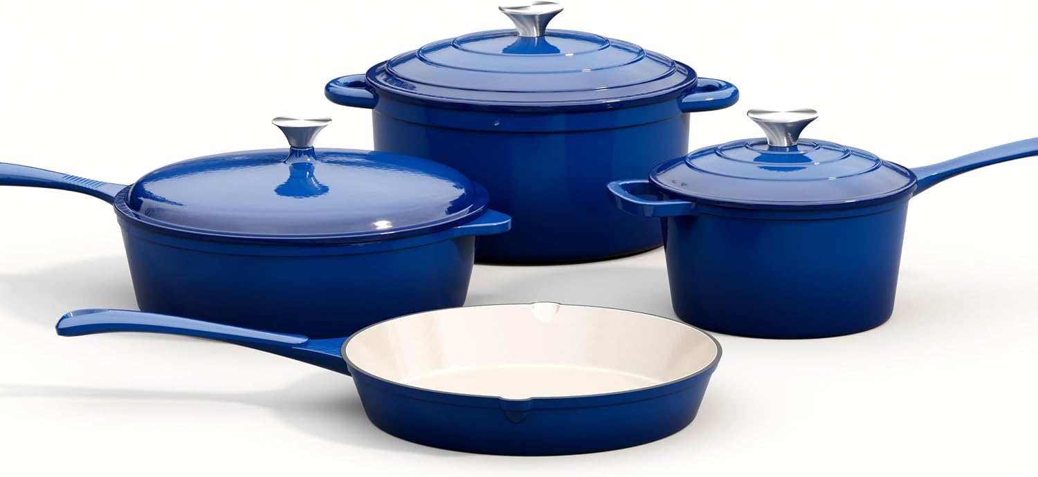 Dutch Oven Enamel - 7点セットのエナメル鋳鉄製調理器具セット、蓋付き誘導対応ダッチオーブン、ブルーの無毒鍋とフライパンセット、PFOA・PFOSフリー