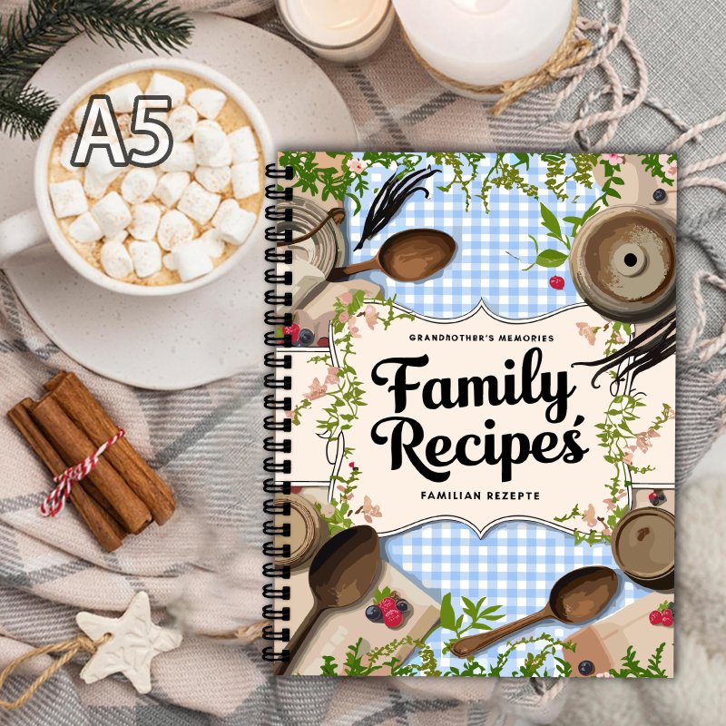 Home Cooking Book - A5レシピブック、ブルーグリッド、蔓模様デザイン、家庭料理愛好家やプロのシェフへの完璧な贈り物、レシピブック