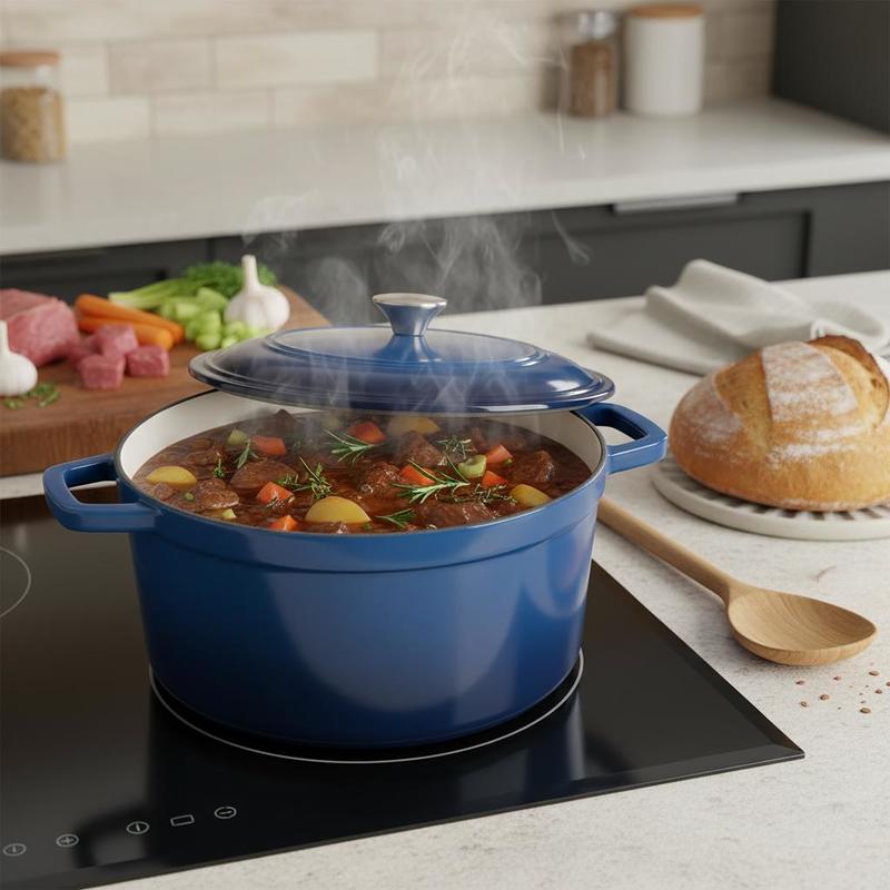 Dutch Oven Enamel - エナメル加工の鋳鉄製ダッチオーブン、6クォートの鍋、蓋と両側ハンドル付き、頑丈で耐久性のある調理器具、オーブン・IH対応（500度まで） ℉ 煮込み、シチュー、ロースト、パン焼き用、ブルー