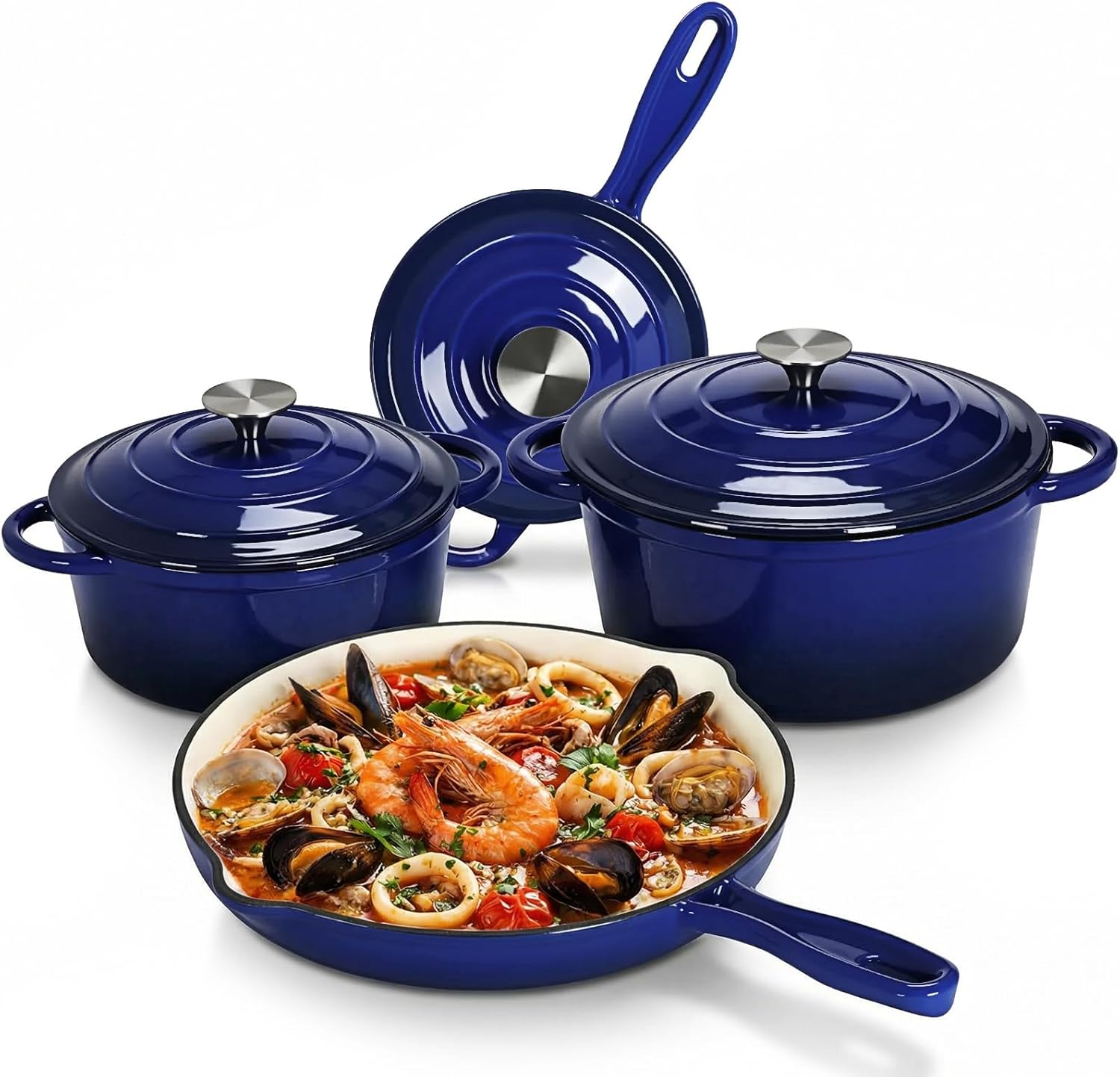 Dutch Oven Enamel - ノンスティックエナメル鋳鉄調理器具セット、7点鍋フライパンセット、ガス/IH対応ダッチオーブンセット、PFOA＆PFASフリー