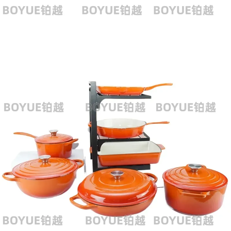 Dutch Oven Enamel - 7点セットの鋳鉄製エナメル調理器具セット、ノンスティックダッチオーブン、多機能キッチンポットパン、耐久性のあるエナメル加工調理器具
