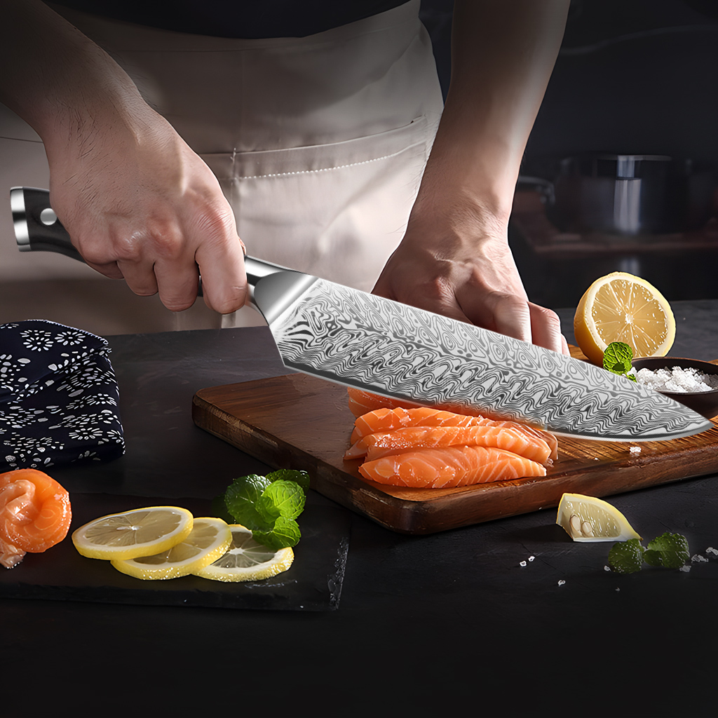 ダマスカス模様のキッチンナイフ、黒色の滑り止めリベットハンド - Wok Carbon Steel のレビューと価格