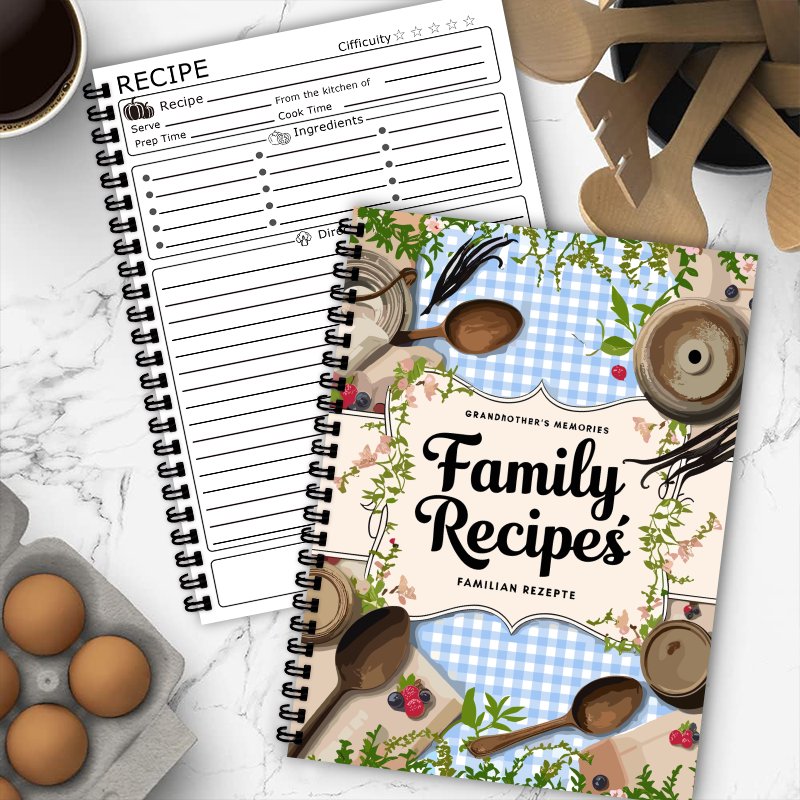 A5レシピブック、ブルーグリッド、蔓模様デザイン、家庭料理愛 - Home Cooking Book のレビューと価格