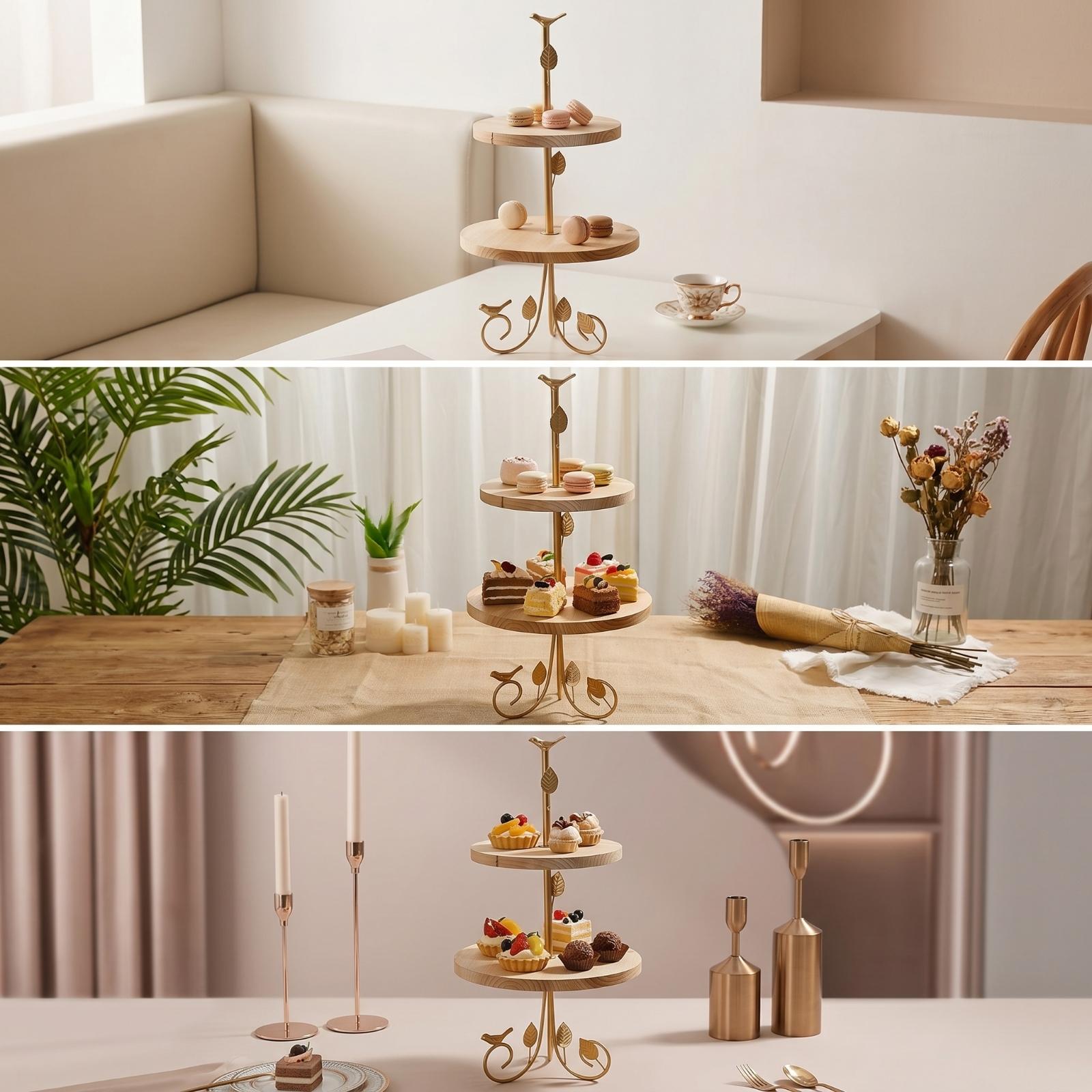 2段デザートスタンド ゴールドカップケーキホルダー 木製棚付 - Home Cooking Host のレビューと価格